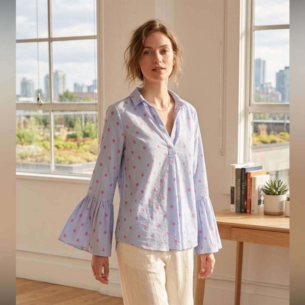 KENAR 100% Cotton Blue Striped Blouse with Bell Sleeves